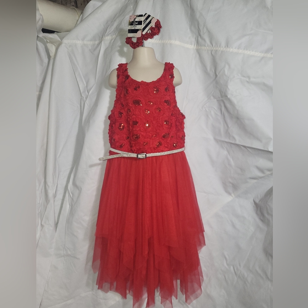 Justice brand Red Floral Kids Party Dress with belt and hair ties